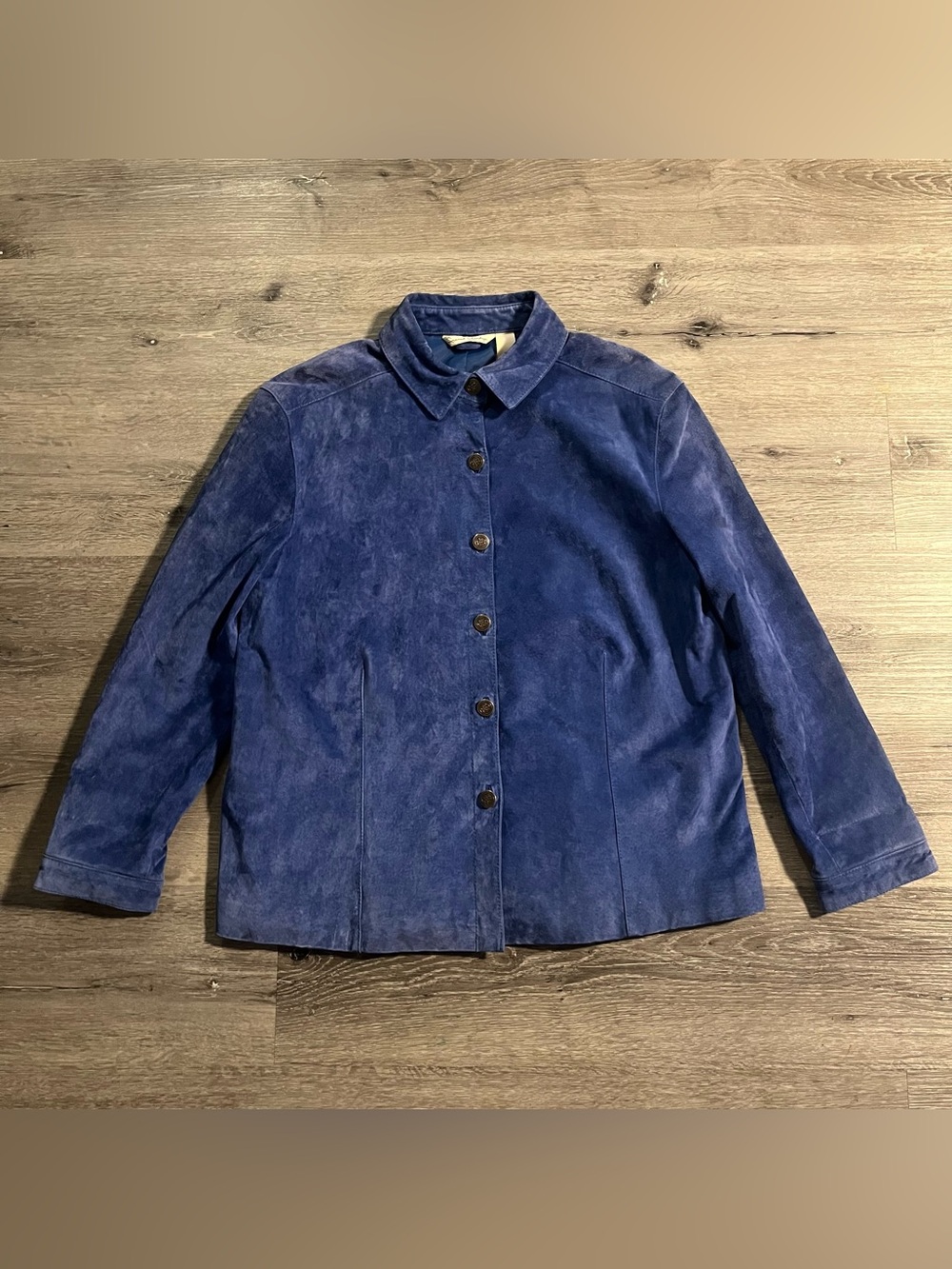 French Laundry Blue Suede Leather Button Shirt Jacket Size XL Fall Quiet Luxury